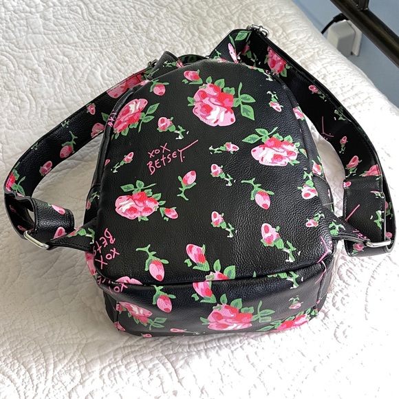 Betsey Johnson Floral Black Mini Backpack with Pink Accents - Picture 5 of 12